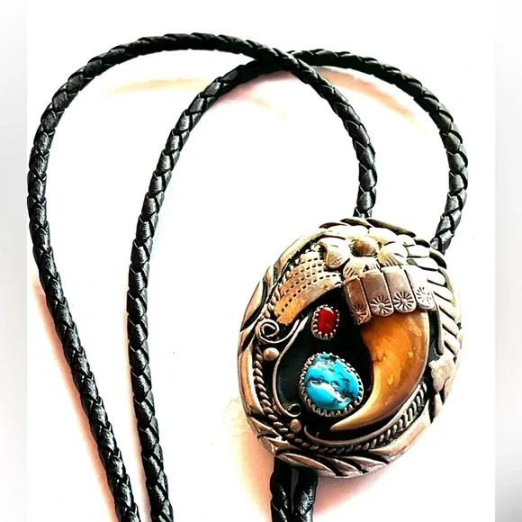 Navajo Turquoise, Coral, & Claw Bolo Tie - Picture 2 of 15
